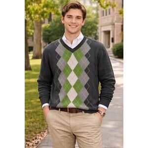 Banana Republic Men’s Sweater XL Green Gray Argyle Luxury Blend Cotton Cashmere